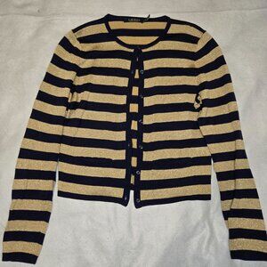 Lauren Ralph Lauren M Striped Navy Gold Metallic‎ Button Cardigan Sweater